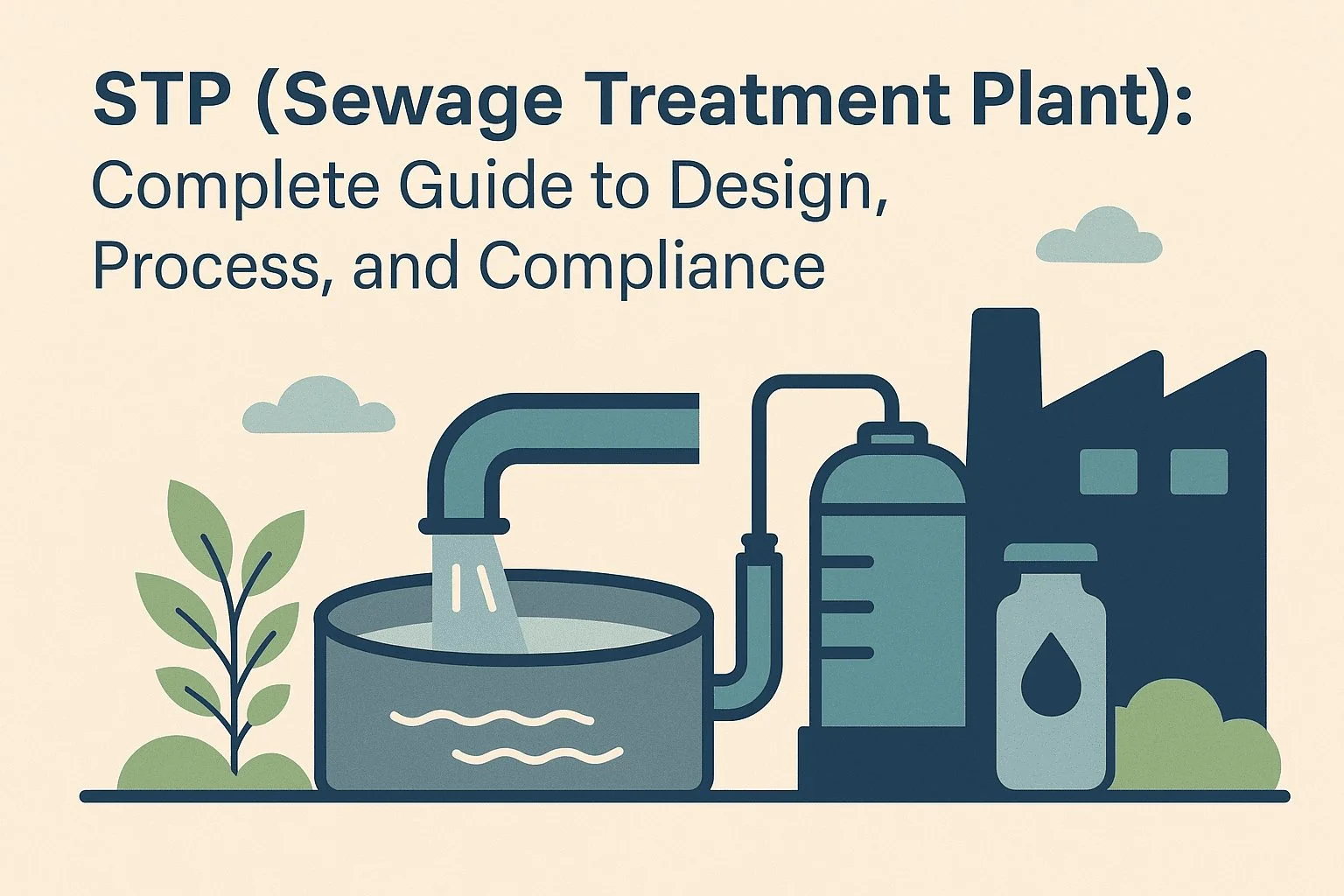 Illustration of a sewage treatment plant and wastewater treatment system